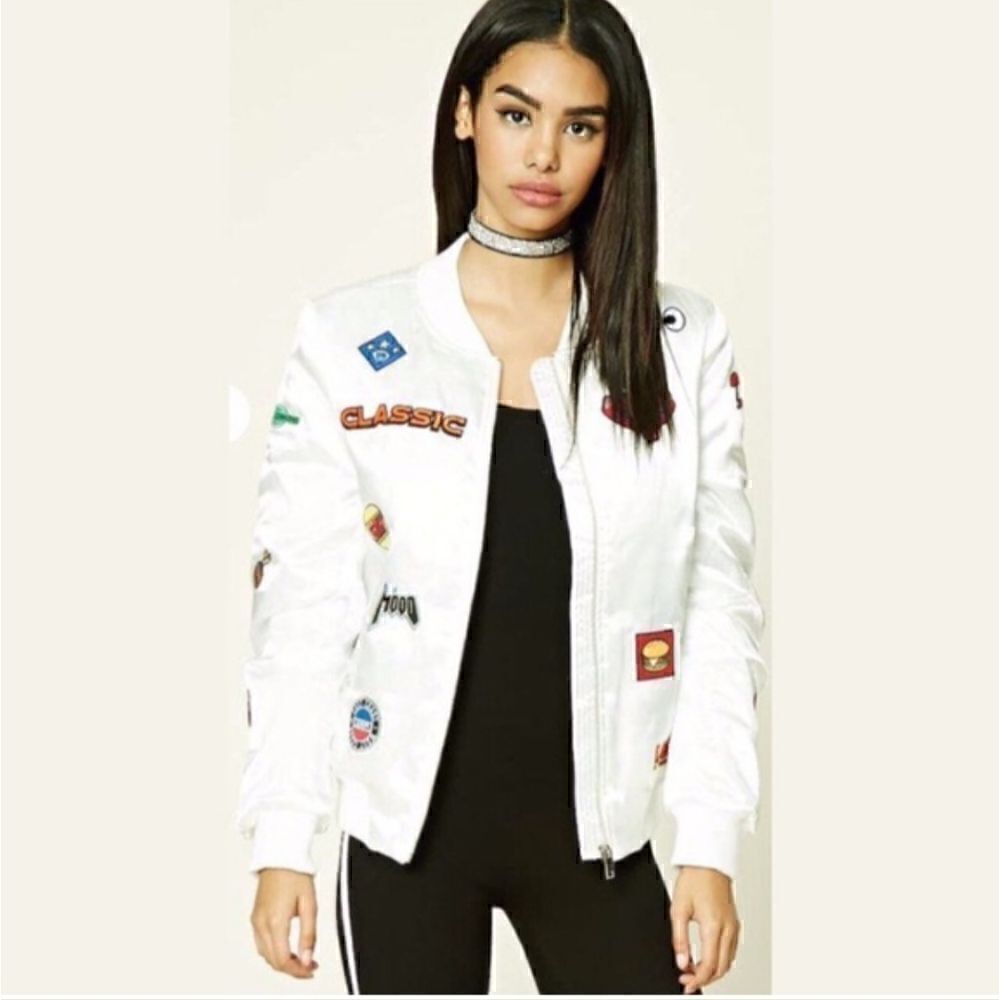 Forever 21 White Satin Bomber Jacket
